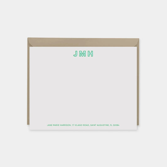 Green Modern Monogram Note Cards